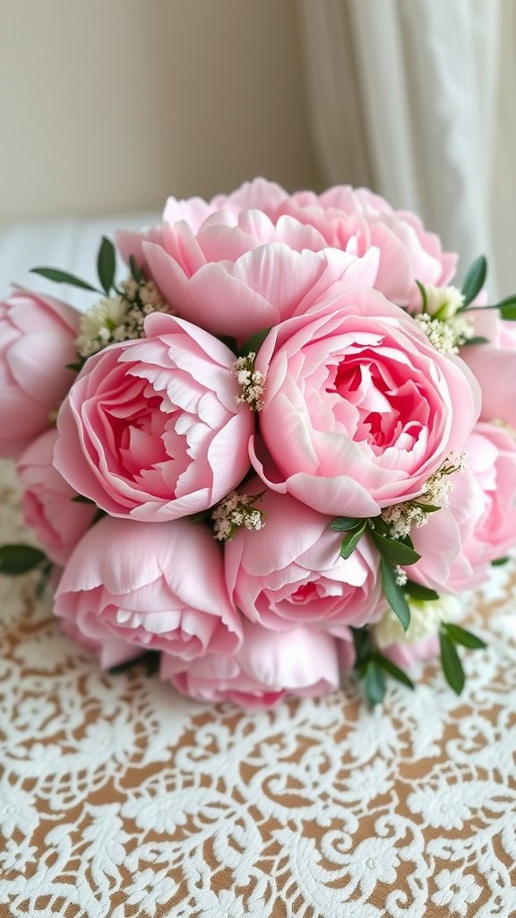 A vintage peony bouquet with soft pink flowers and greenery, placed on a lace background.