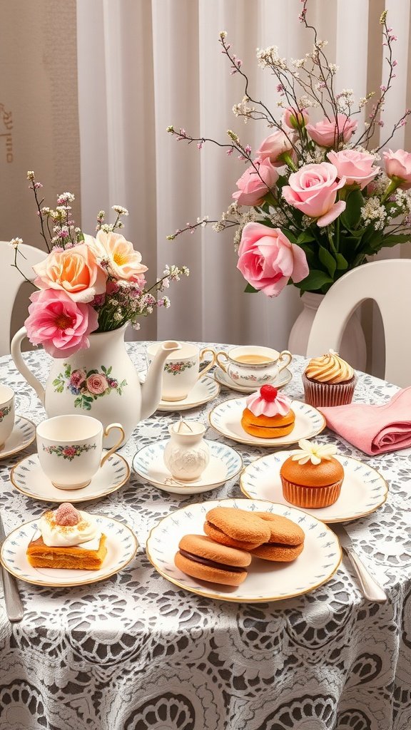 A vintage tea party setup featuring a lace tablecloth, floral china, and an array of sweet pastries.