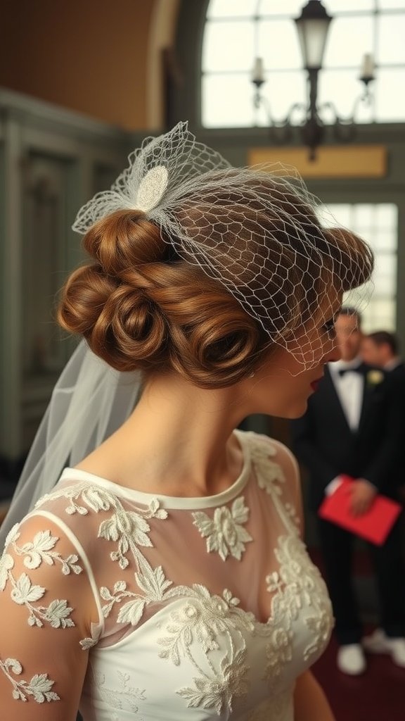 Bride with vintage victory rolls hairstyle and birdcage veil, wearing an embroidered gown.