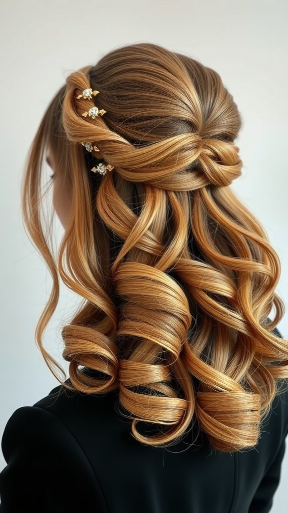 Half up half down wedding hairstyle featuring vintage waves and decorative hairpins.