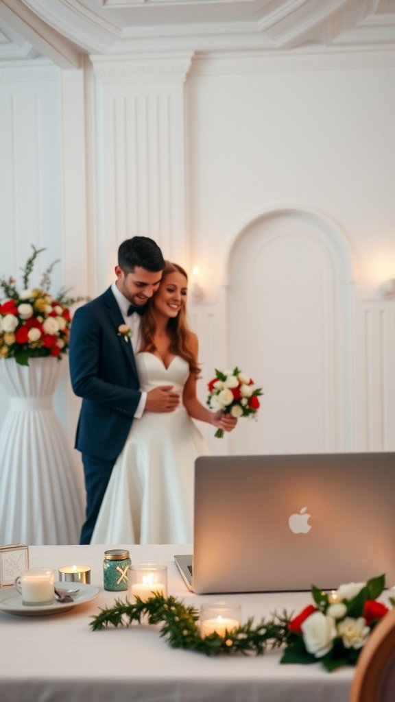 A couple celebrating their wedding in a decorated venue with a laptop set up for virtual guests.