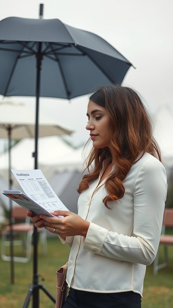 A woman reading a checklist under an umbrella during an outdoor wedding event.