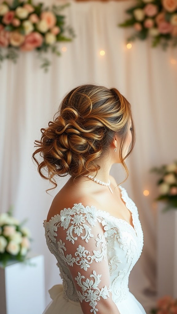 A bride with a whimsical curly updo featuring loose strands, wearing an off-shoulder lace gown.