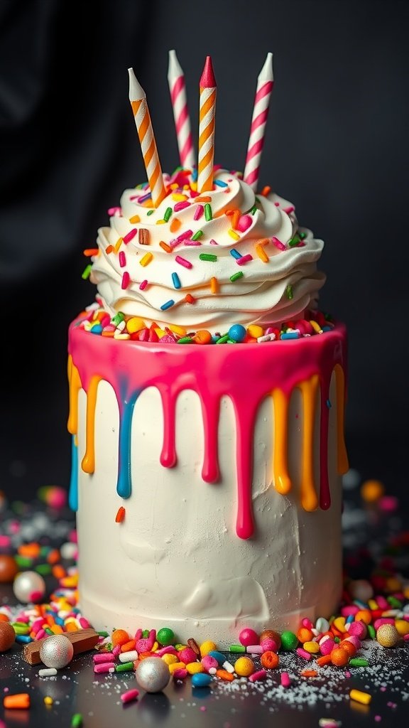 A whimsical drip cake with bright colors, sprinkles, and candles on top.