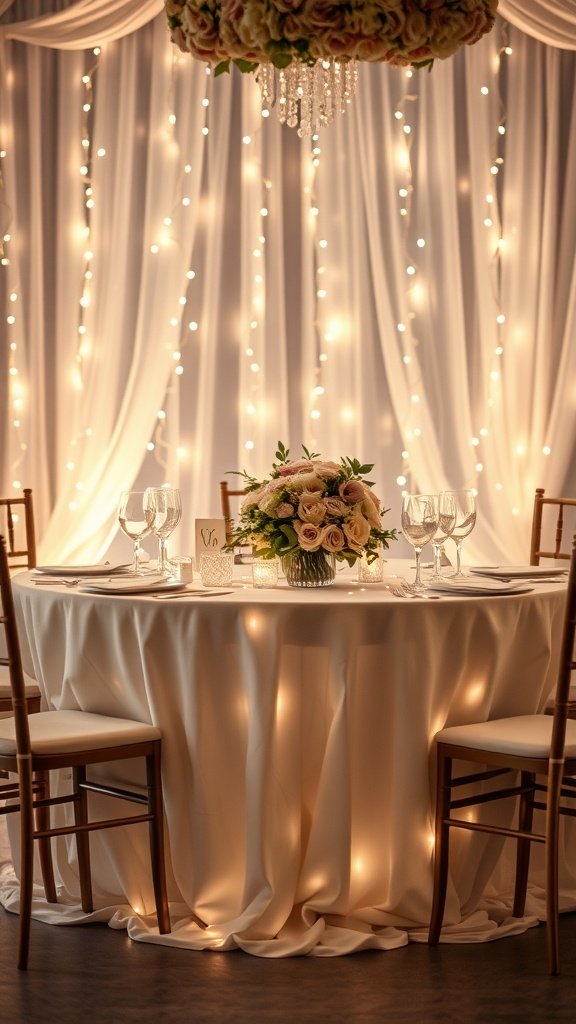 A beautifully set wedding table with fairy lights, roses as the centerpiece, and sparkling glassware.