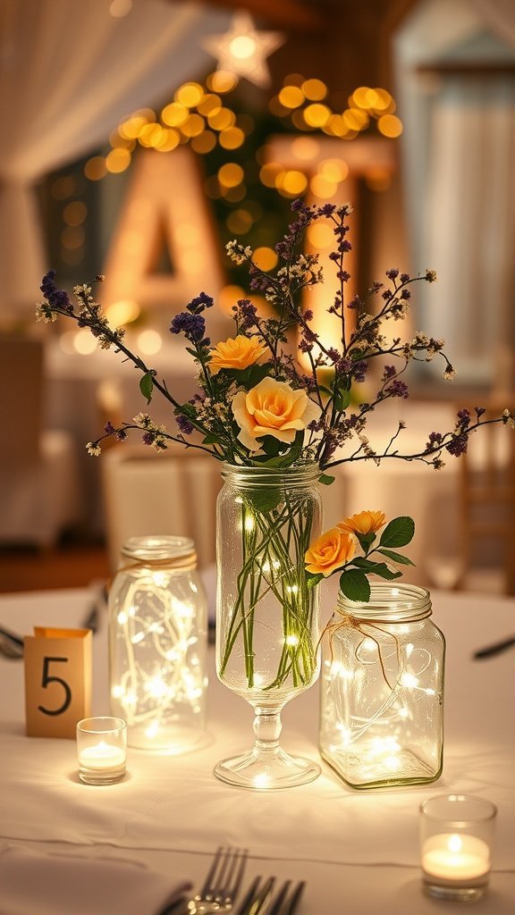 Wedding centerpiece featuring flowers and fairy lights in glass jars.