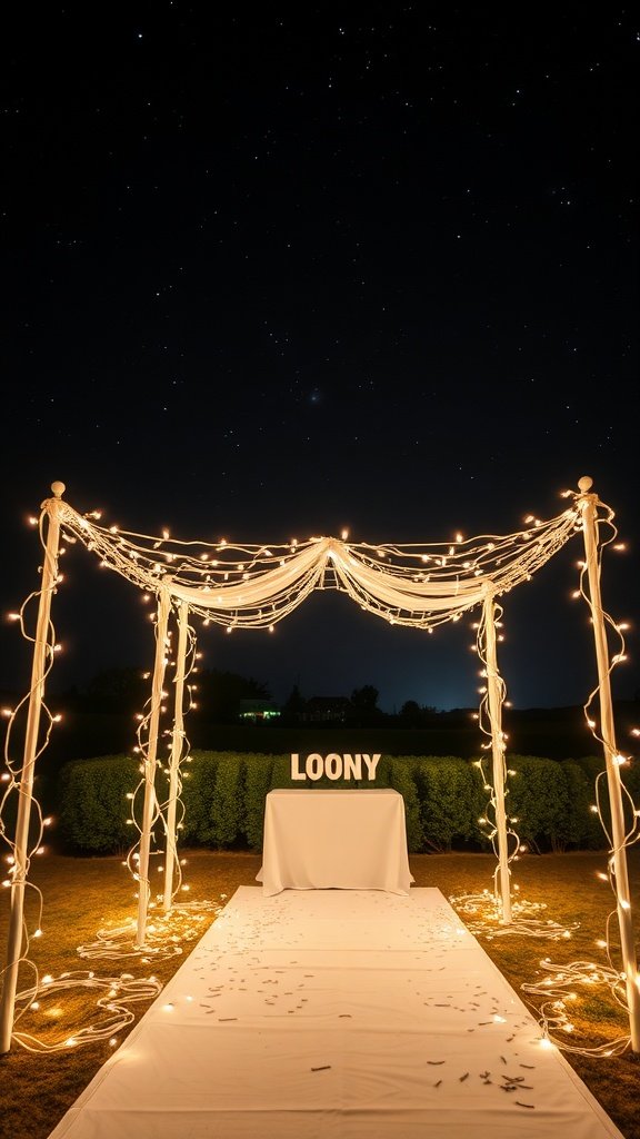A wedding arch decorated with fairy lights under a starry night sky, featuring a pathway and a table with 'LOONY' sign.