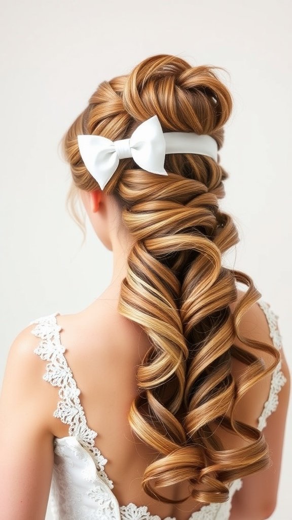A bridal hairstyle featuring a whimsical half up bow with soft curls and a white bow at the back.