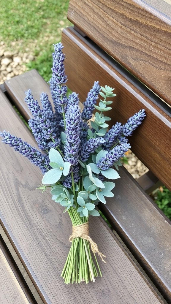 A bouquet of lavender and eucalyptus arranged with twine on a wooden surface.