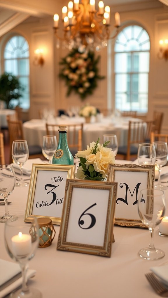 Wedding table with unique numbered frames and floral decor