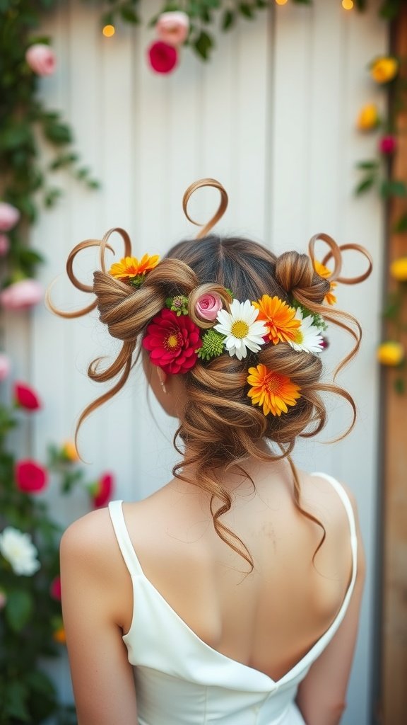 Bride with whimsical twisted hairstyle adorned with colorful flowers.