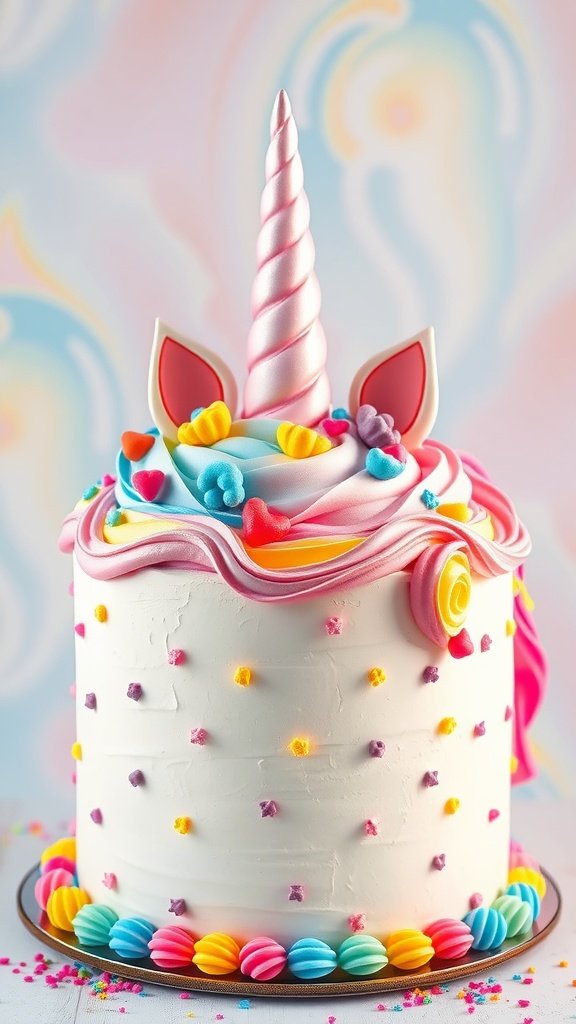 A whimsical unicorn cake with colorful icing, a spiral horn, and cheerful decorations, perfect for a bridal shower.