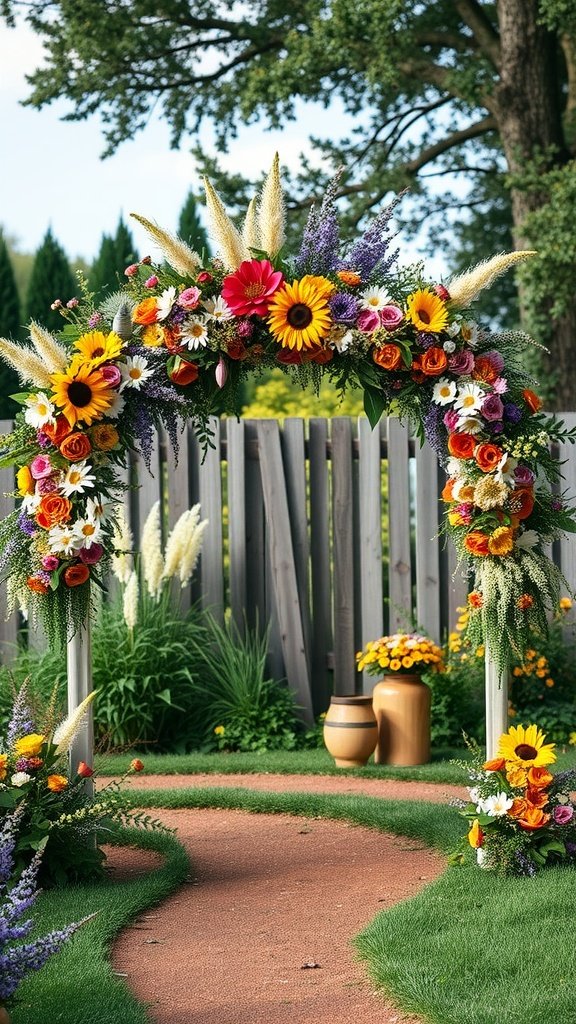 A colorful wedding arch decorated with sunflowers, roses, daisies, and pampas grass, set in a lush garden with a rustic path.