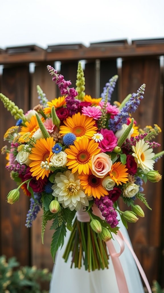 A vibrant wildflower bridal bouquet featuring gerbera daisies, roses, and more, wrapped with a ribbon.