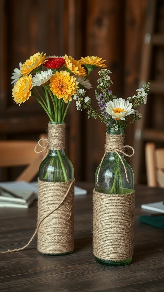 Two wine bottles wrapped in twine with colorful flowers, sitting on a wooden table.