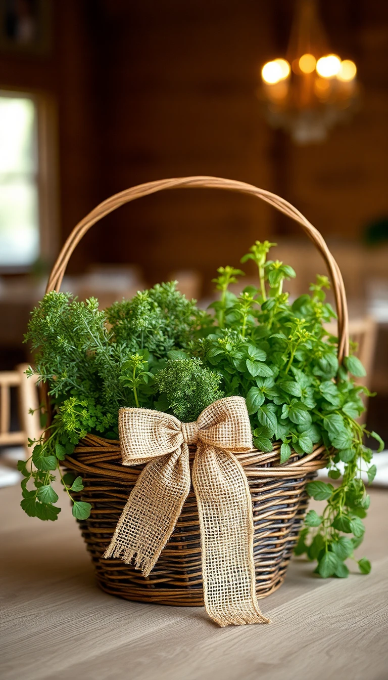 Rustic Basket with Potted Herbs and Burlap Bow