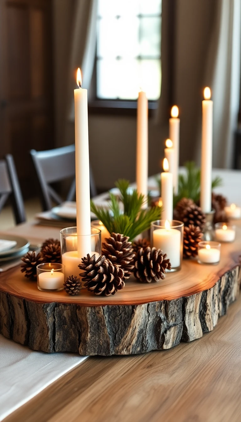 Rustic Wooden Slab with Candles and Pine Cones