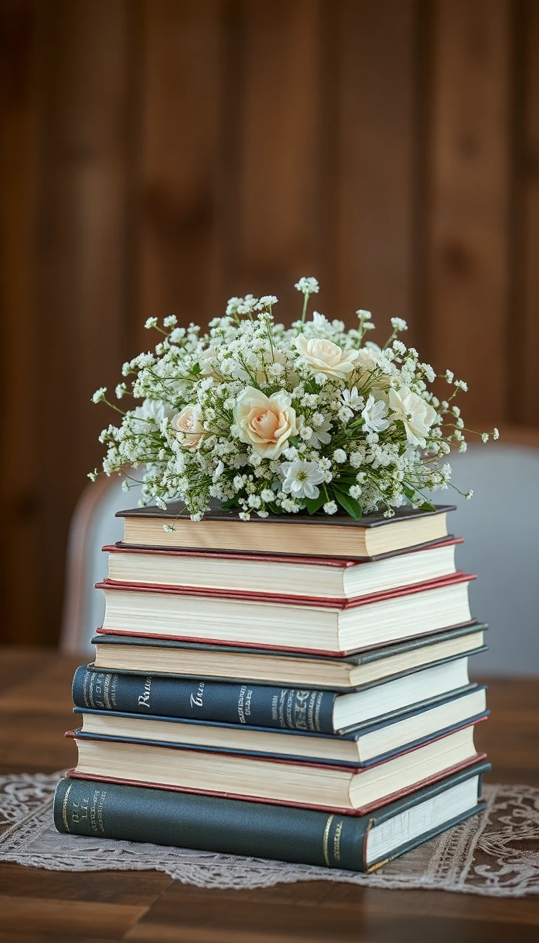 Antique Books Stack with Lace and Baby's Breath