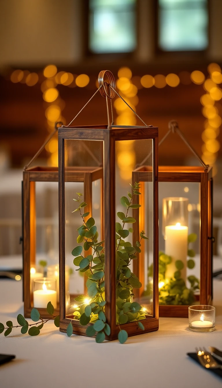 Rustic Lantern Trio with Eucalyptus and Fairy Lights