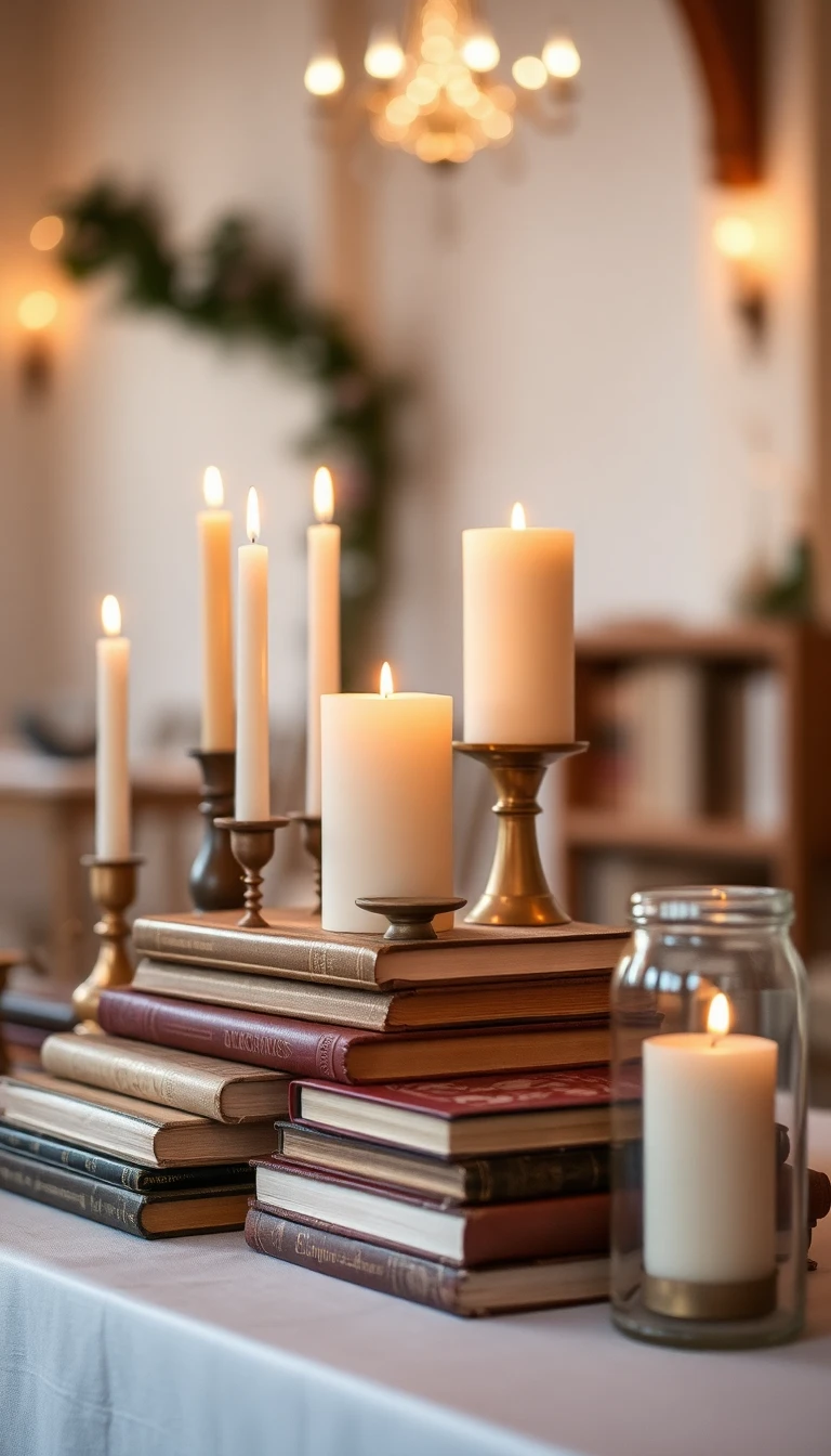 Vintage Books and Candles Display