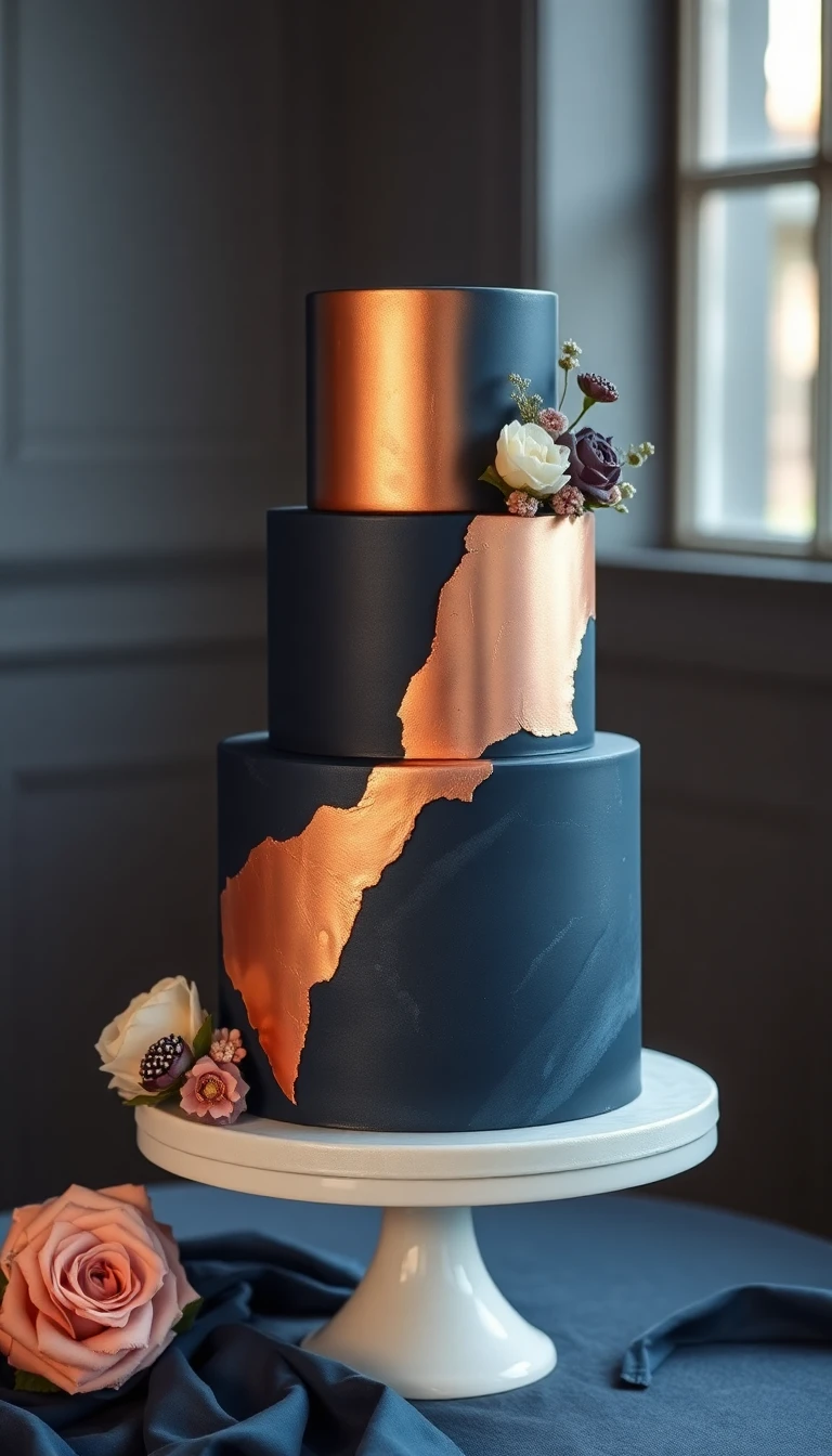 Modern Navy Blue and Copper Cake