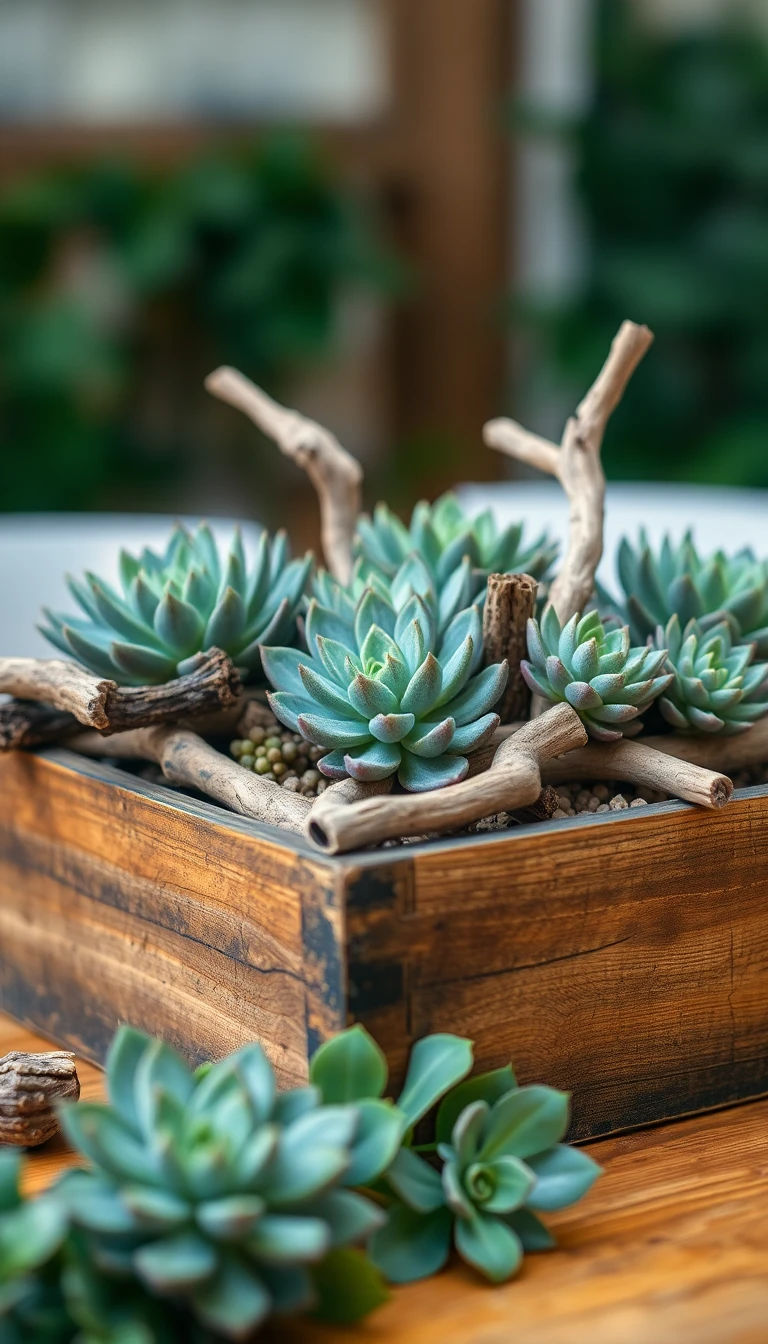 Rustic Wooden Box with Succulents and Driftwood