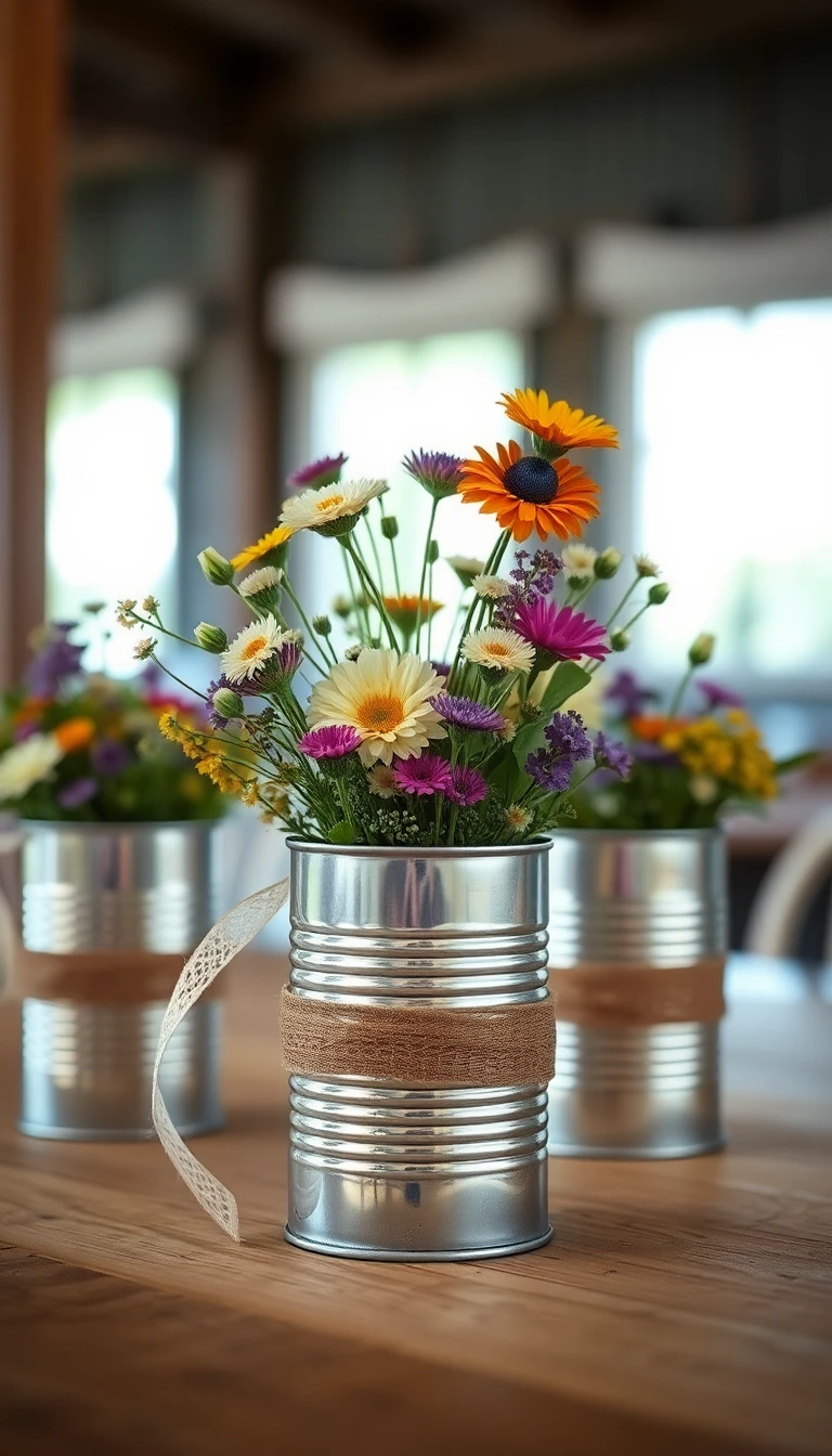 Rustic Tin Cans with Wildflowers and Lace Ribbon