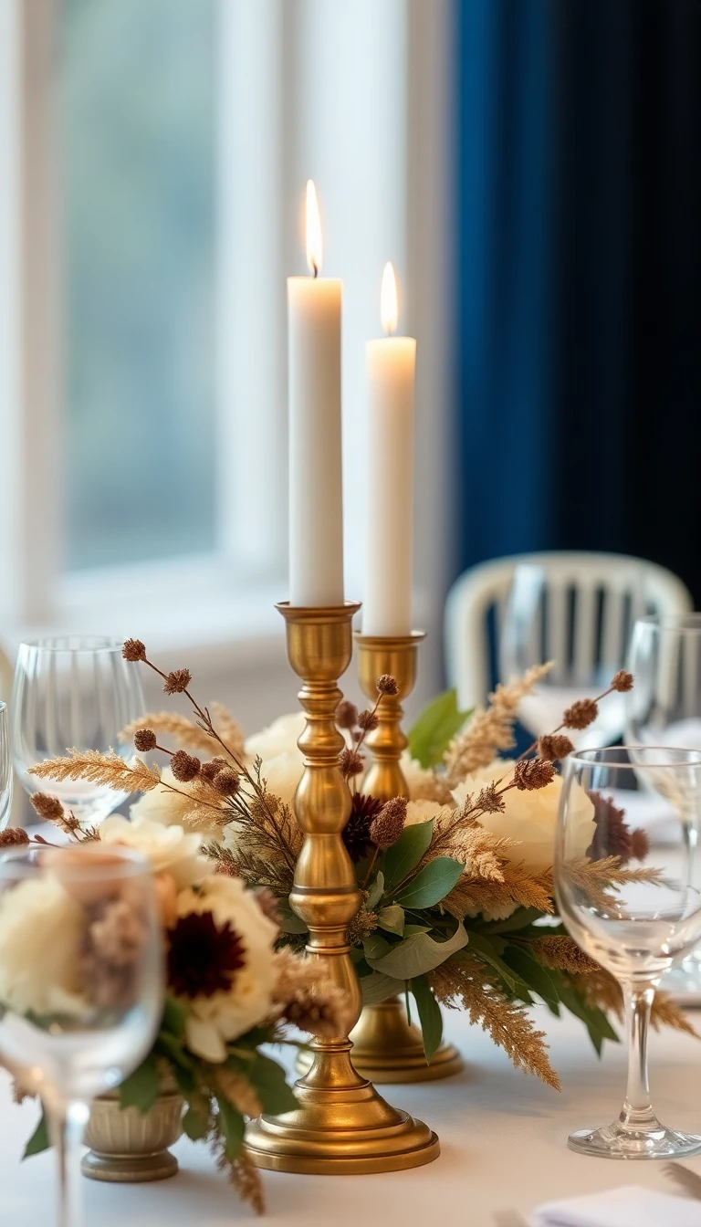 Antique Brass Candlesticks with Dried Florals