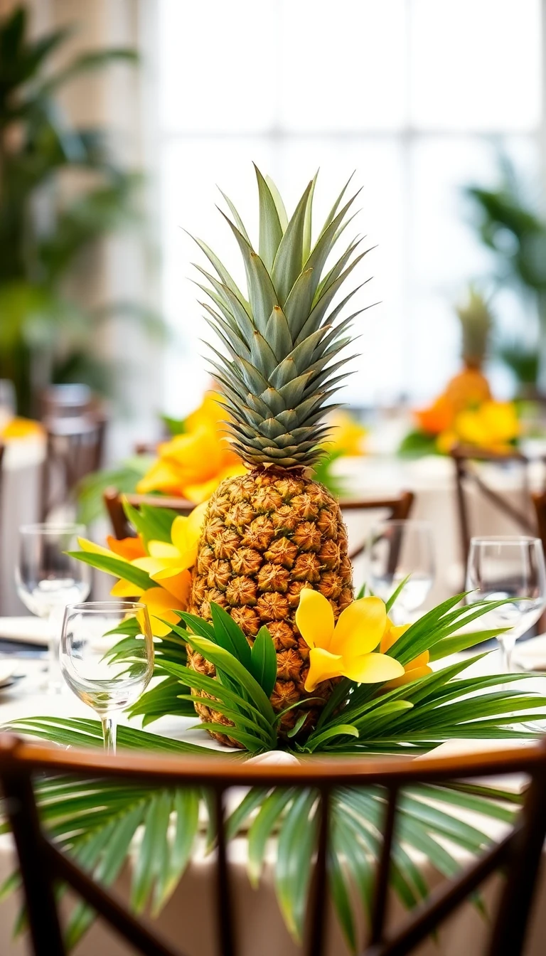 Tropical Pineapple and Palm Leaf Arrangements