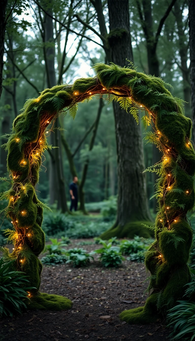 Enchanted Forest Arch with Moss and Twinkling Lights