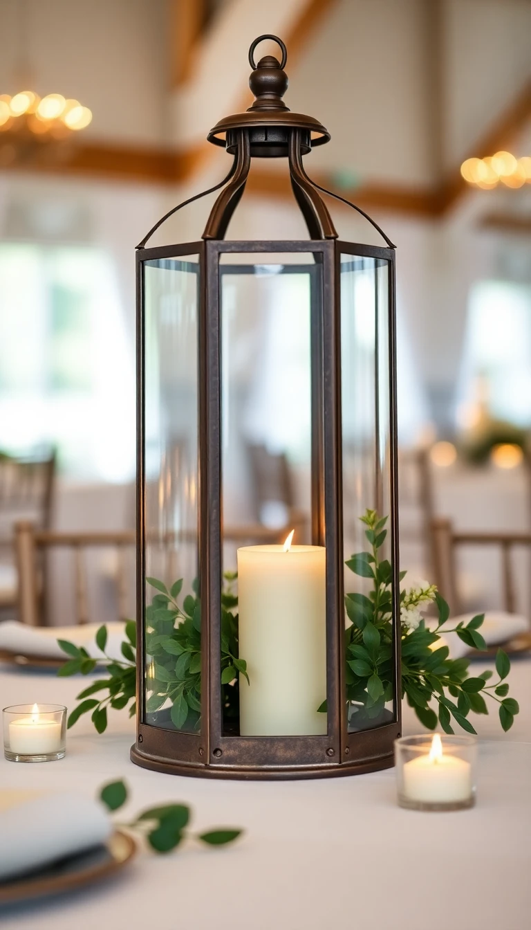 Vintage Lantern with Pillar Candle and Greenery