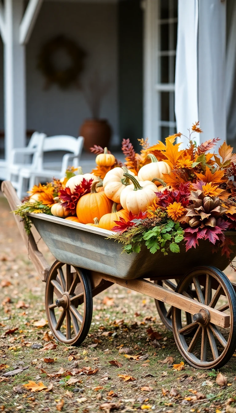 Rustic Wheelbarrow with Pumpkins and Fall Foliage