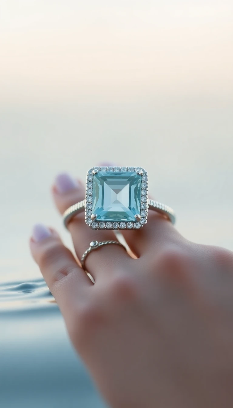 Square Halo Aquamarine Ring