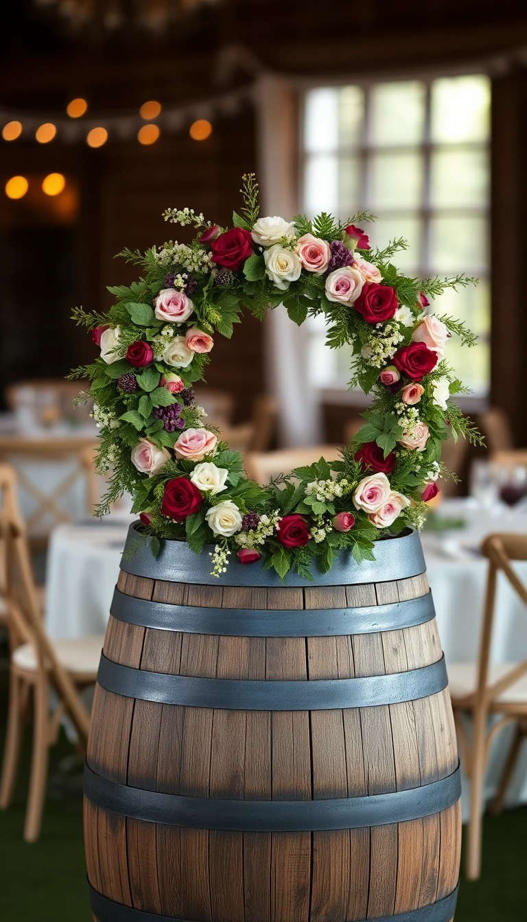 Rustic Wine Barrel with Floral Wreath