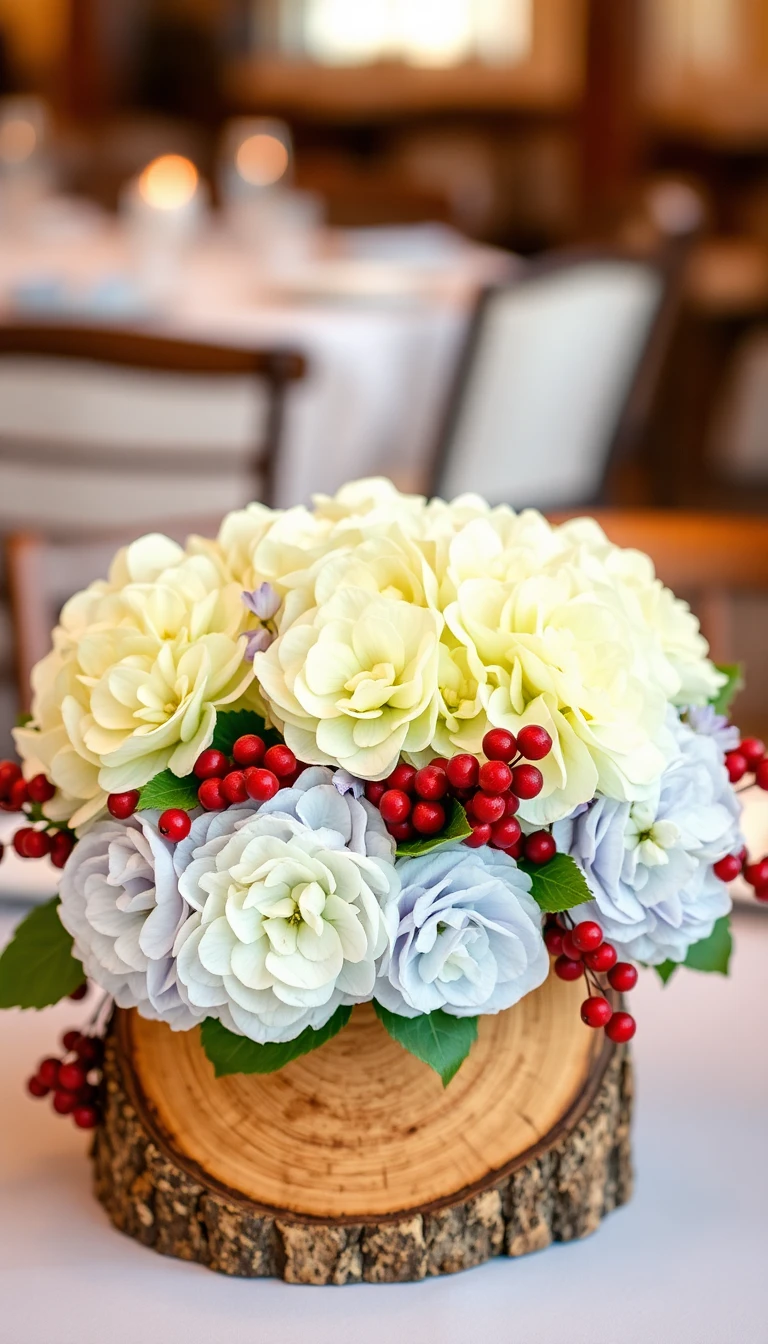 Wood Slice Centerpiece with Hydrangeas and Berries