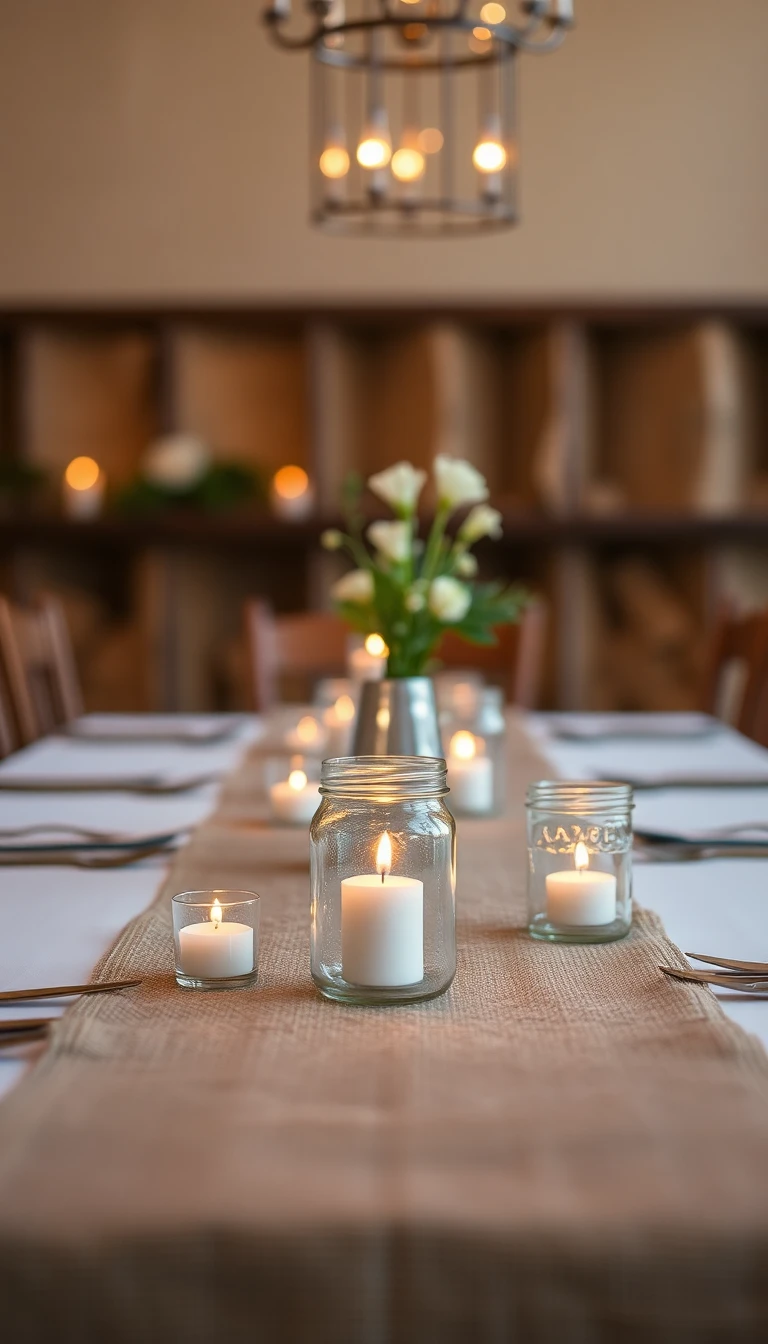 Rustic Burlap Runner with Mason Jar Candle Holders