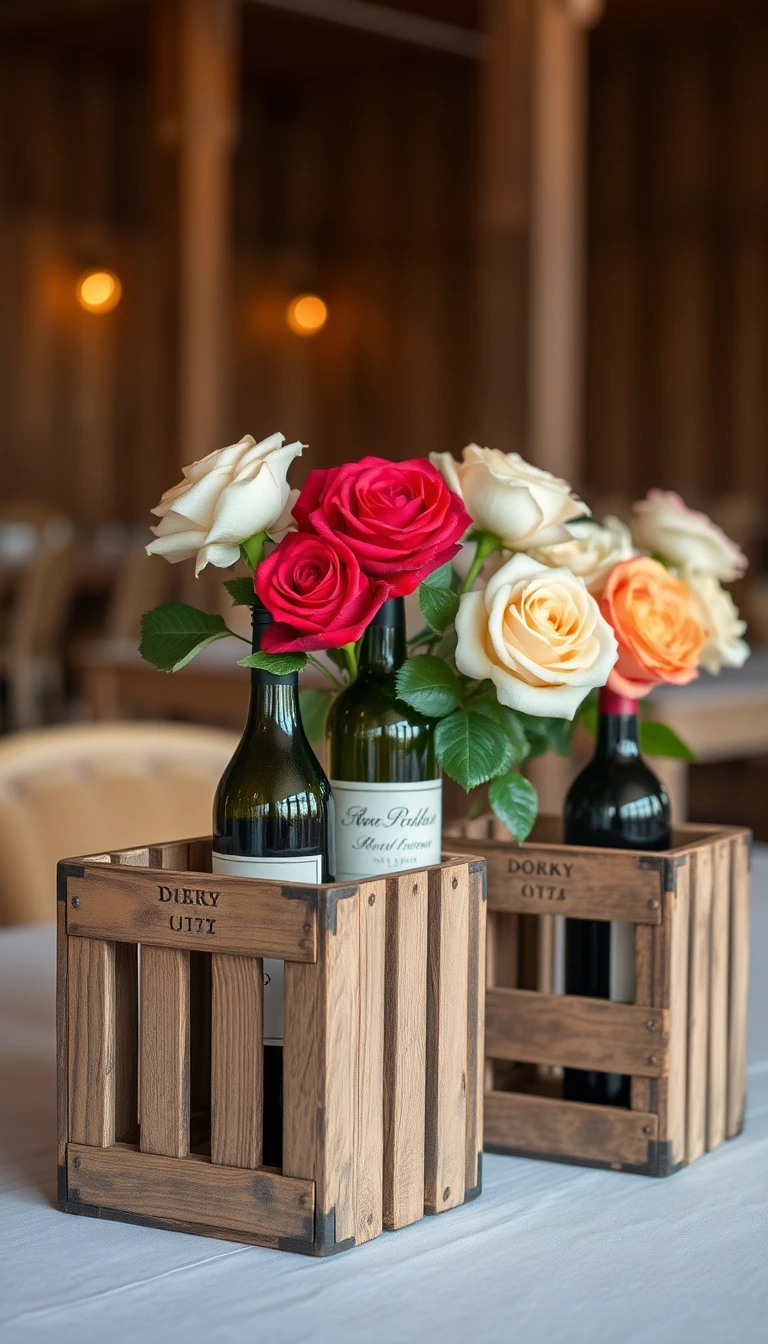 Vintage Wine Crates with Wine Bottle Vases and Roses