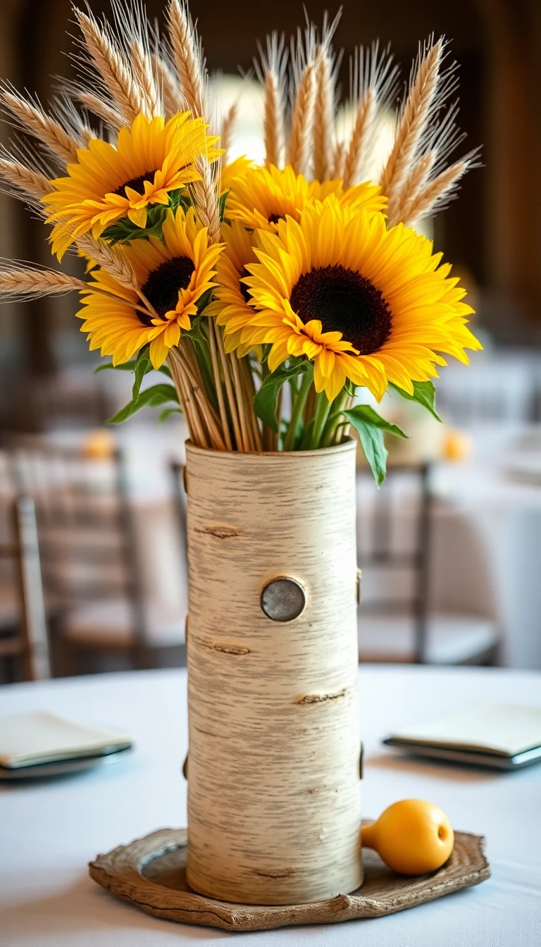 Birch Bark Vase with Sunflowers and Wheat Stalks