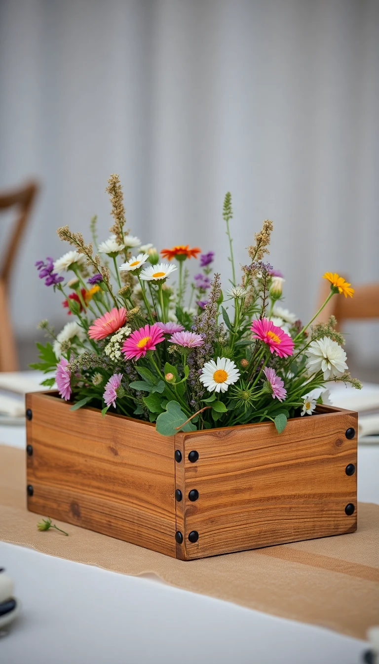 Rustic Wooden Box with Wildflowers