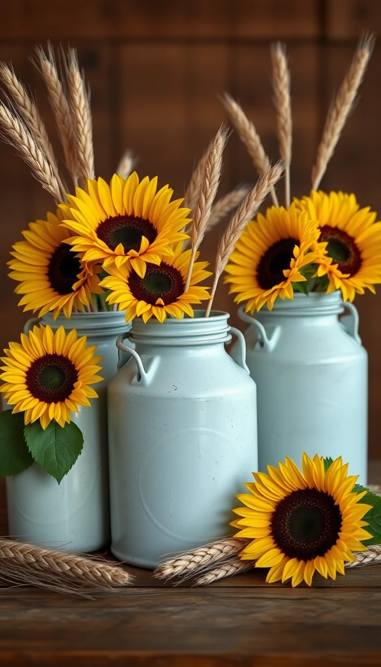 Vintage Milk Cans with Sunflowers and Wheat