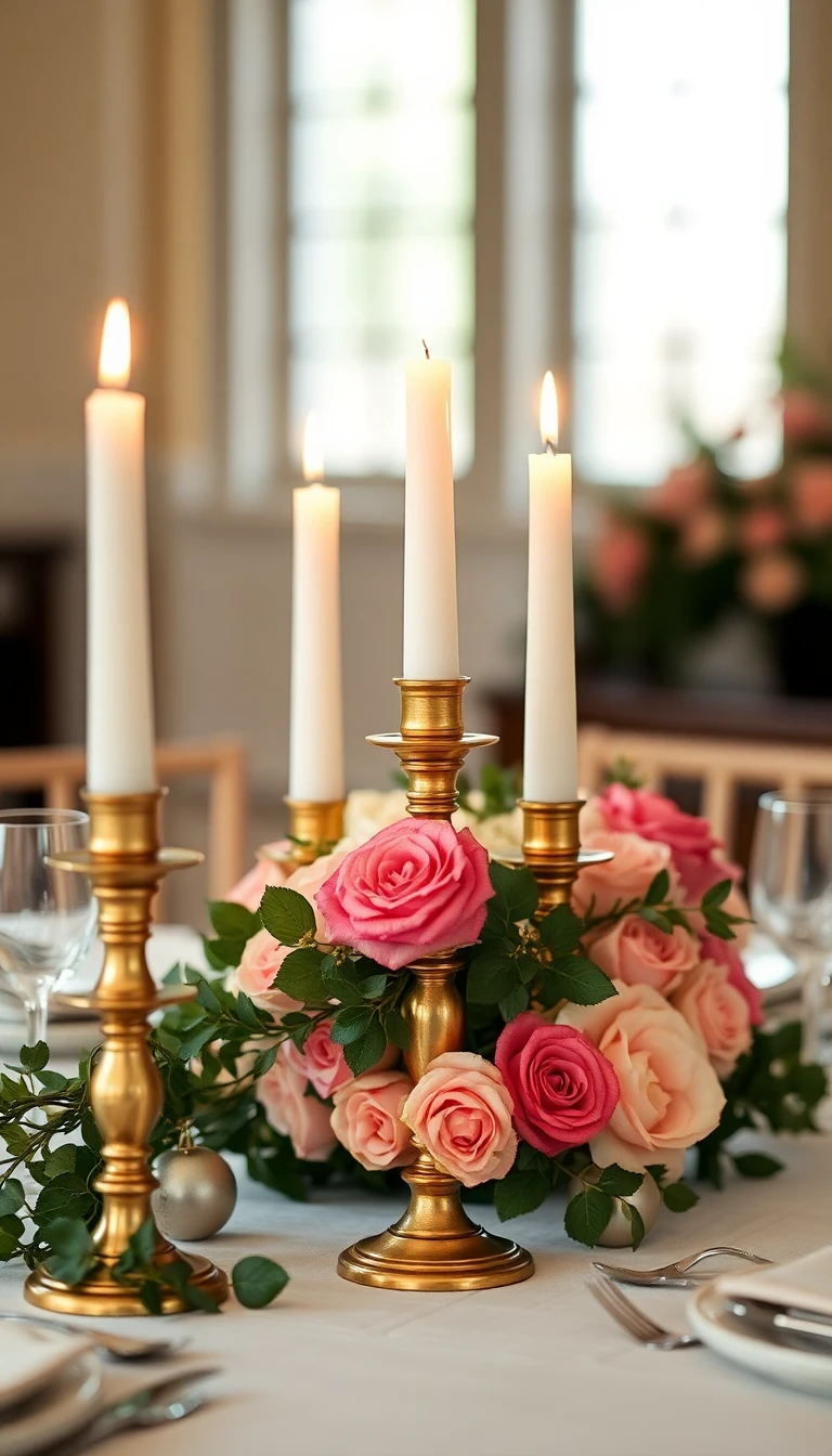 Antique Brass Candlesticks with Ivy and Roses