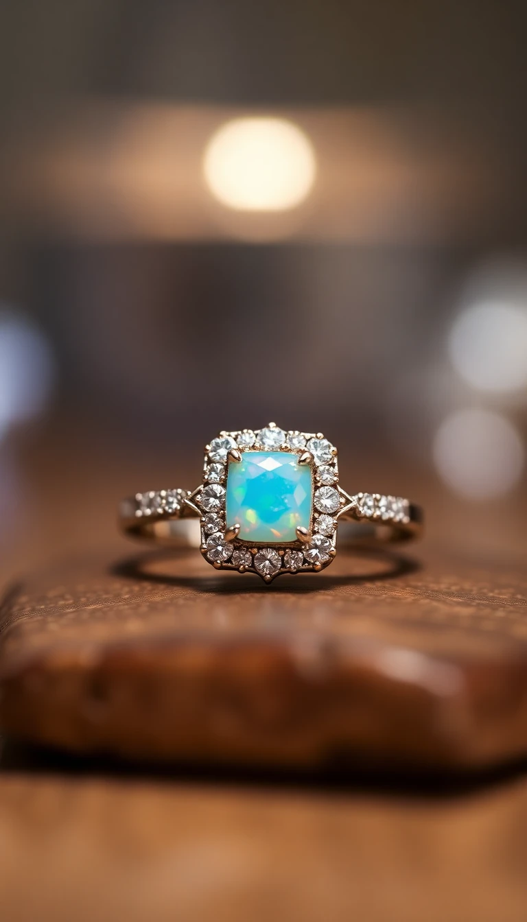 Square Opal and Diamond Cluster Ring