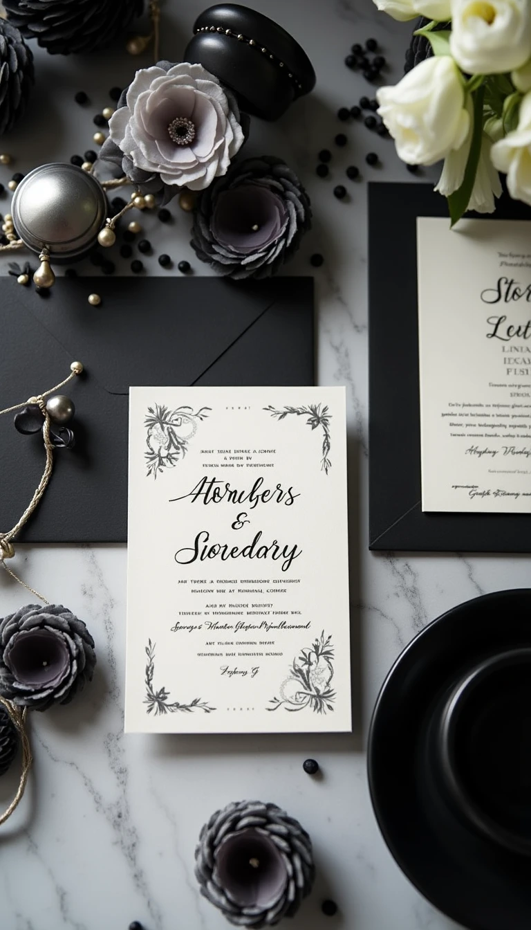 Artistic Black and White Wedding Decor: Invitations and Stationery
