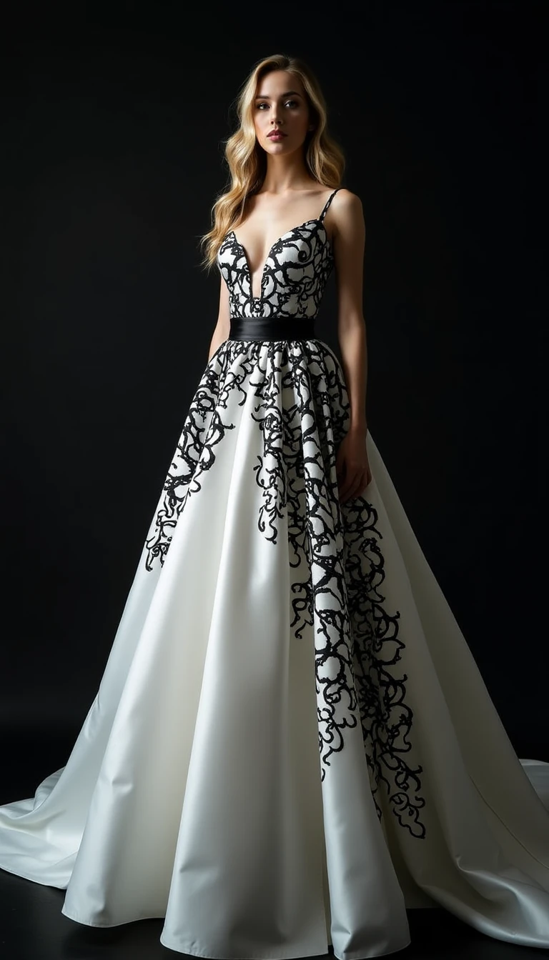 Artistic Expression: The Black and White Wedding Dress with Abstract Patterns