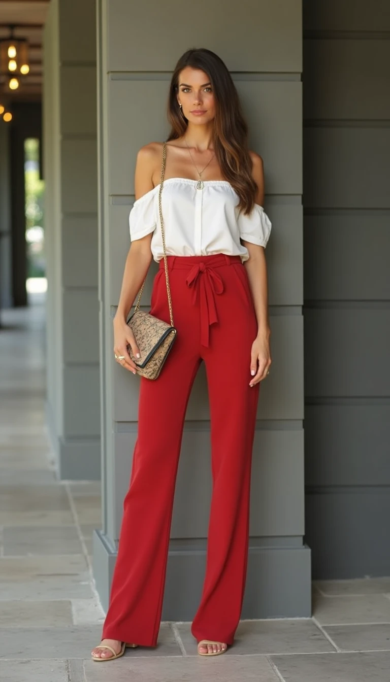 Chic Off-the-Shoulder Top and Pants: Trendy Bridal Shower Outfit for Guest