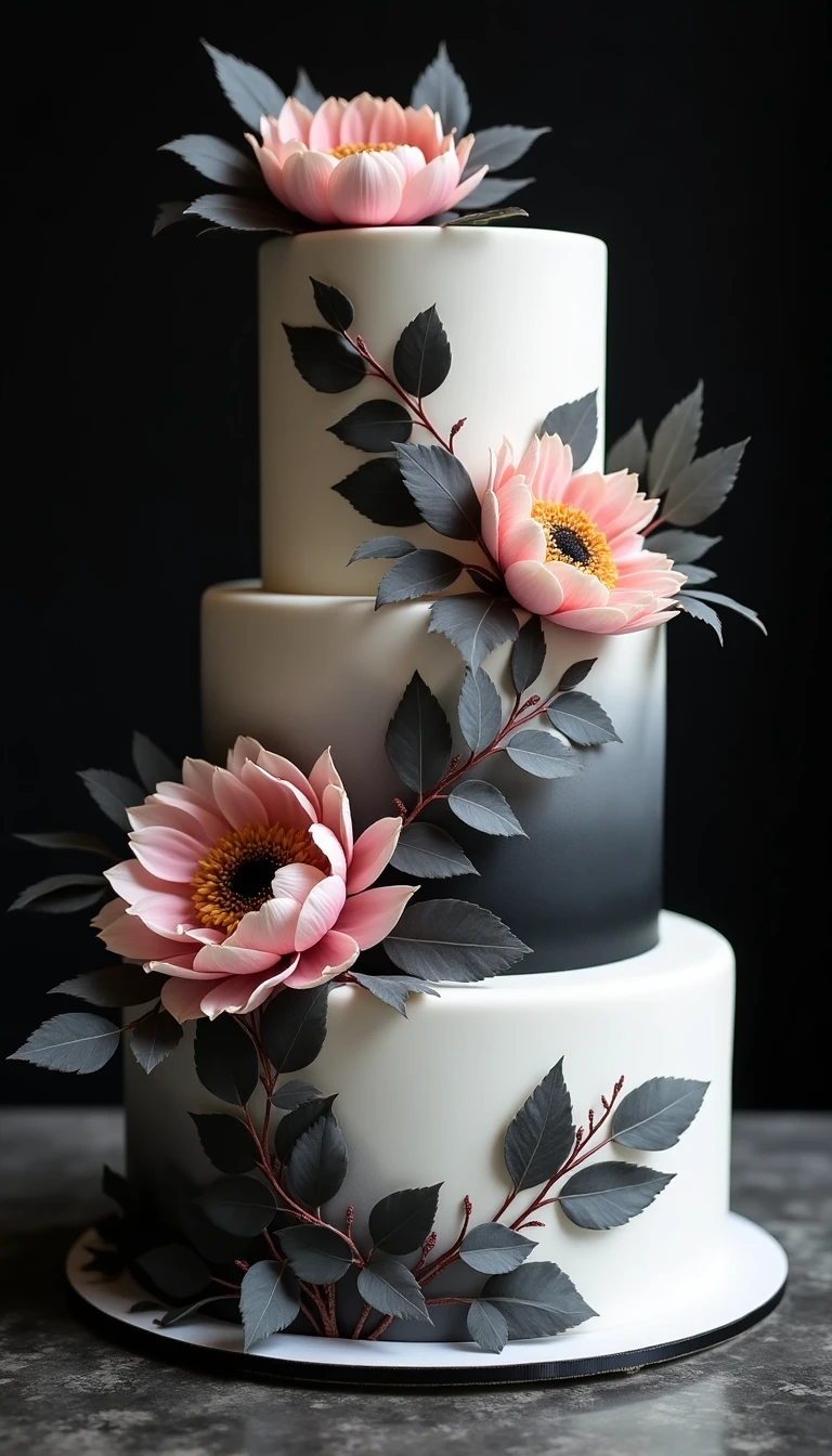 Floral Fantasy: A Black and White Wedding Cake with Edible Flowers