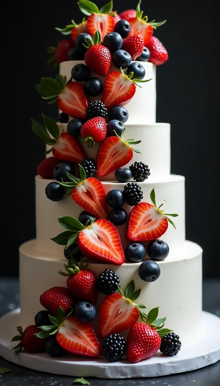Cascading Black and White Wedding Cake with Fresh Fruits
