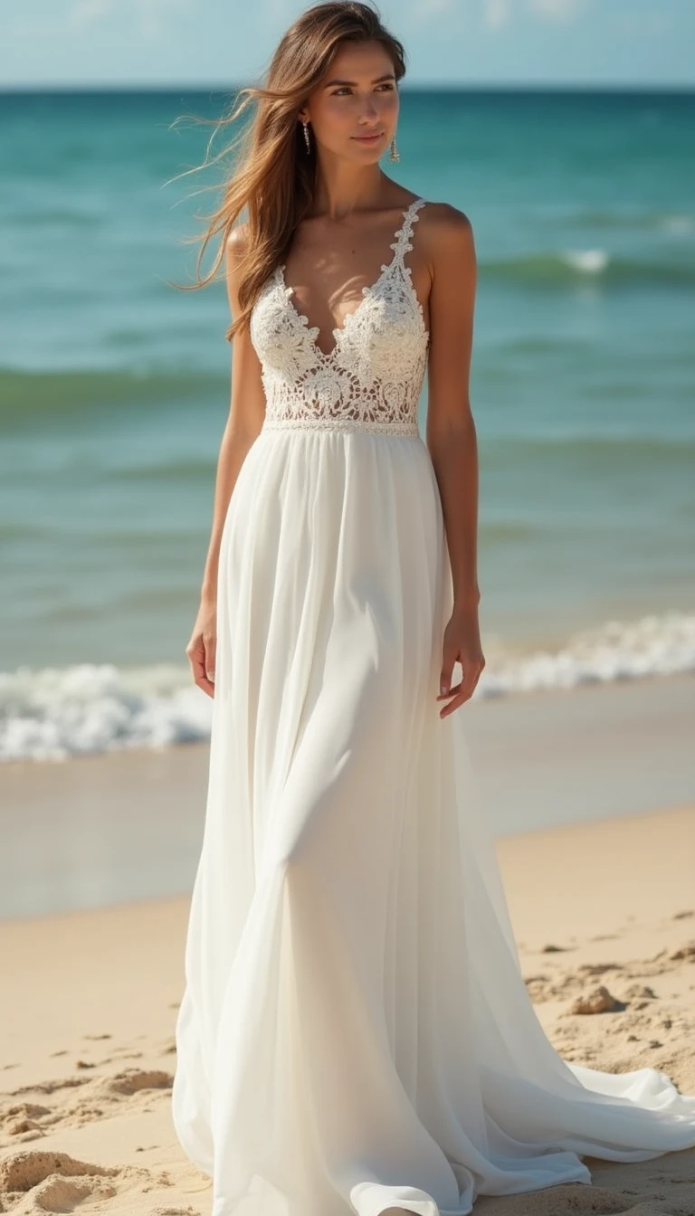 Lace Beach Wedding Dress Guest Ensemble: Timeless Elegance