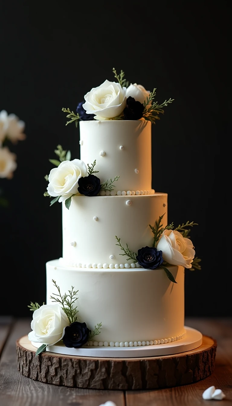 Rustic Charm of a Black and White Wedding Cake with Wood Accents