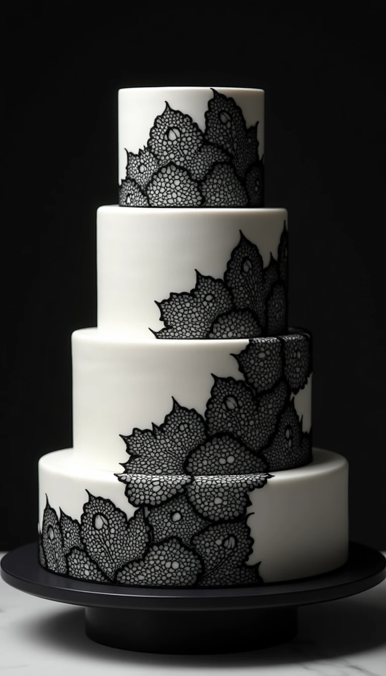 Intricate Lace Details on a Black and White Wedding Cake